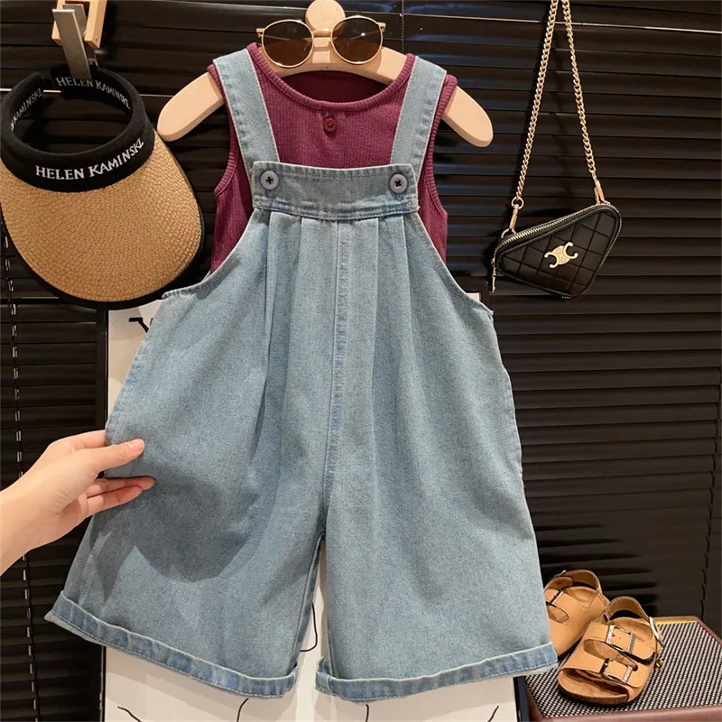 Kids Toddler Girls Fashion Casual Tank Top Denim Suspender Pants Set 3-14T