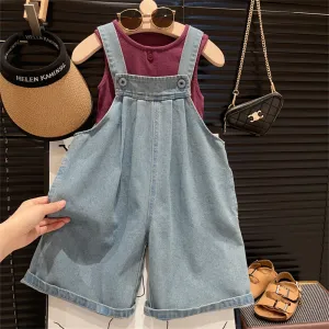 Kids Toddler Girls Fashion Casual Tank Top Denim Suspender Pants Set 3-14T