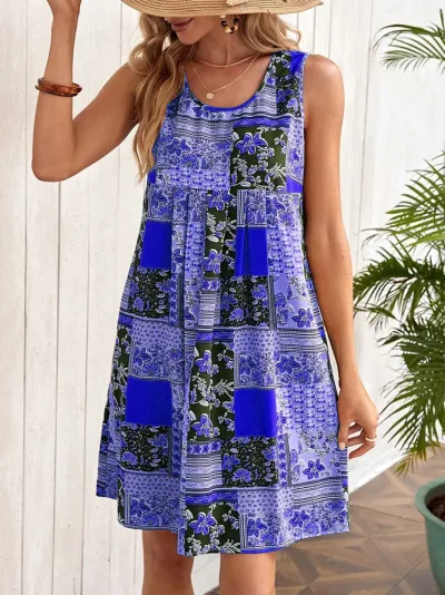 Summer Women Casual Floral Printed Sleeveless Midi Dress