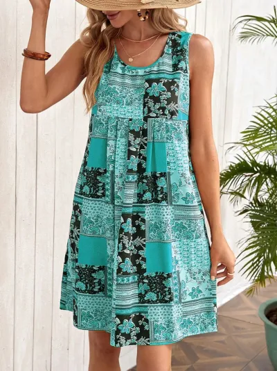 Summer Women Casual Floral Printed Sleeveless Midi Dress