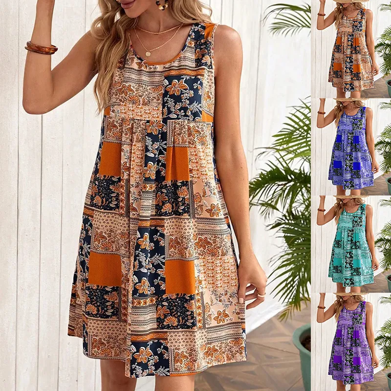 Summer Women Casual Floral Printed Sleeveless Midi Dress