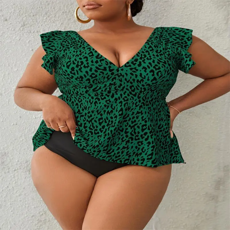 Women Plus Size V-Neck Leopard Print Tankini Swimsuit Set