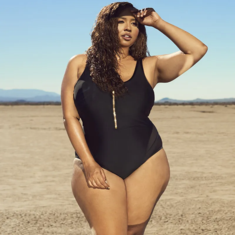 Women Plus Size Solid Color Mesh Stitching Zipper One-Piece Swimsuit