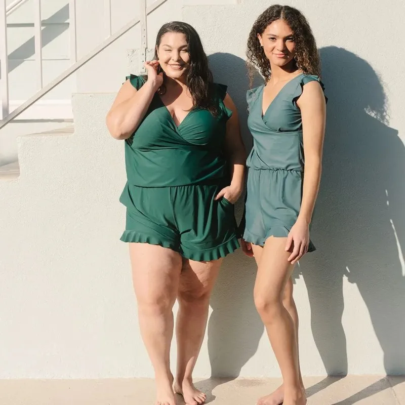 Women Plus Size V-Neck Lace One-Piece Swimsuit Solid Color Floral