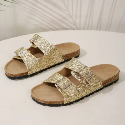 Women's Fashion Plus Size Belt Buckle Sequin Slippers with Slip On