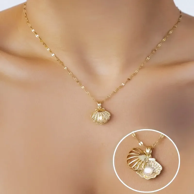 Women Fashion Creative Hollow Shell Imitation Pearl Necklace Copper