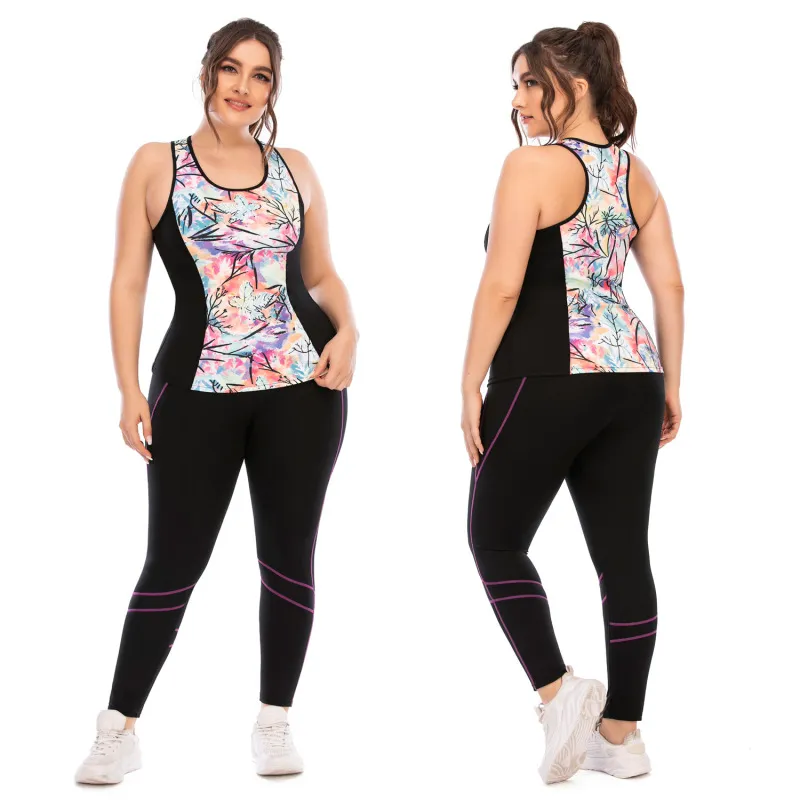 Women Plus Size Multicolor Print Sport Two-Piece Set with Leg-Bundled Pants