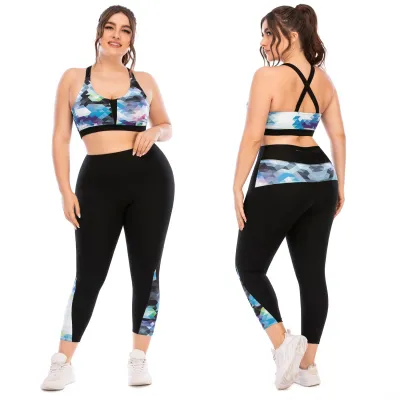 Women Plus Size Multicolor Print Yoga Fitness Two-Piece Set with Leg-Bundled Pants