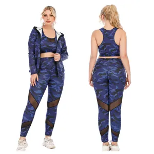 Women Plus Size Camouflage Print Yoga Fitness Three-Piece Set