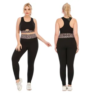 Women Plus Size Leopard Print Yoga Fitness Set - Sleeveless & Leg-Bundled Pants