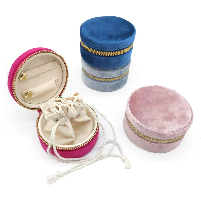 Fashion Solid Color Velvet Round Jewelry Box with Zipper