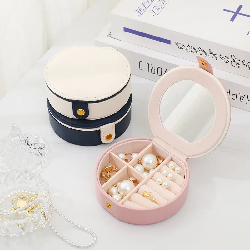 Fashion Round Leather Jewelry Mirror Storage Box
