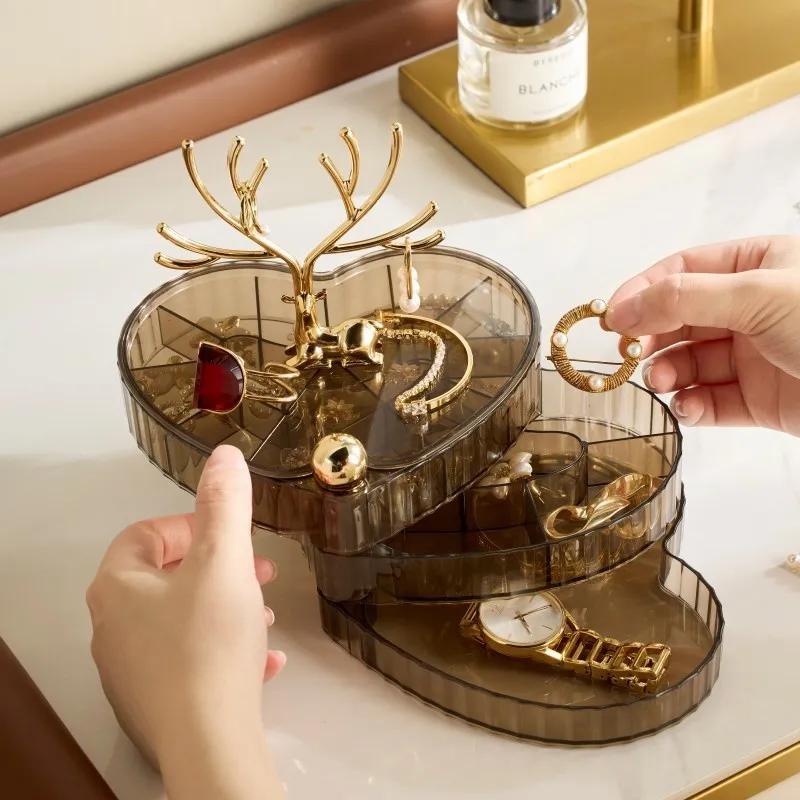 Fashion Multi-Layer Rotating Jewelry Storage Box With Lid Gold Plated