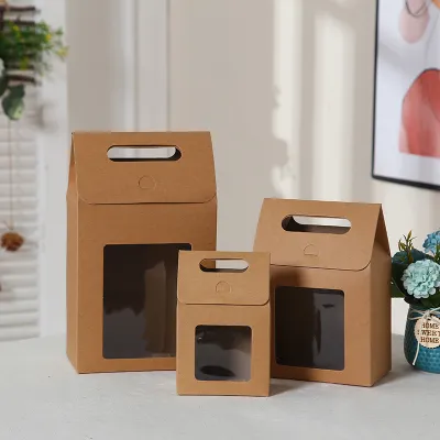 Simple Solid Color Transparent Window Gift Packaging Handle Kraft Paper Bag