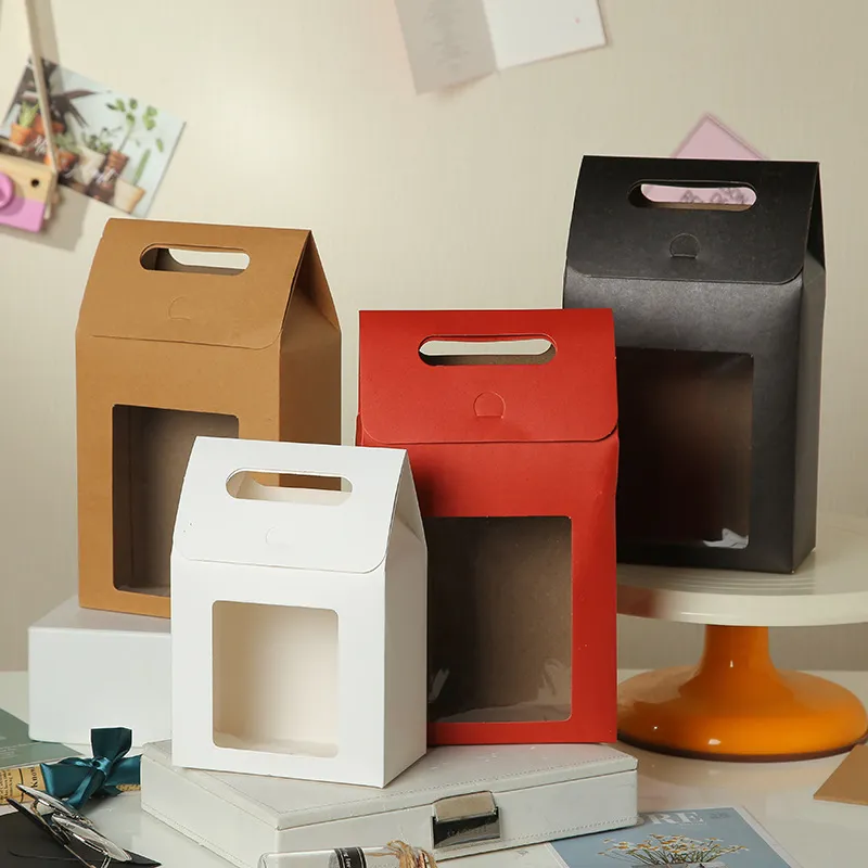 Simple Solid Color Transparent Window Gift Packaging Handle Kraft Paper Bag