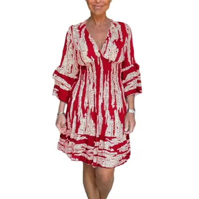 Women Casual Elegant V-Neck Printed Long Sleeve Midi Dress