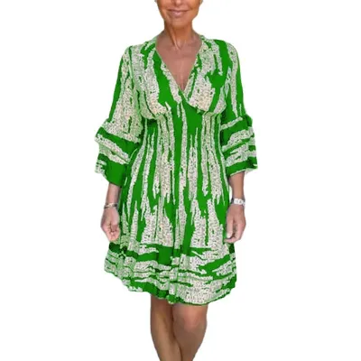 Women Casual Elegant V-Neck Printed Long Sleeve Midi Dress