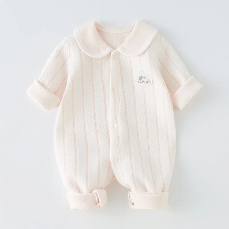 Boys Girls Baby Casual Striped Long Sleeve Lapel Romper 100% Cotton