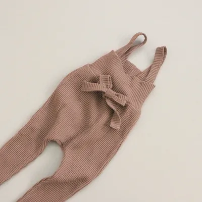 Kids Baby Boys Girls Casual Solid Color RIB-KIT Bow Sleeveless High Waist Long Cotton Knitted Suspender Romper