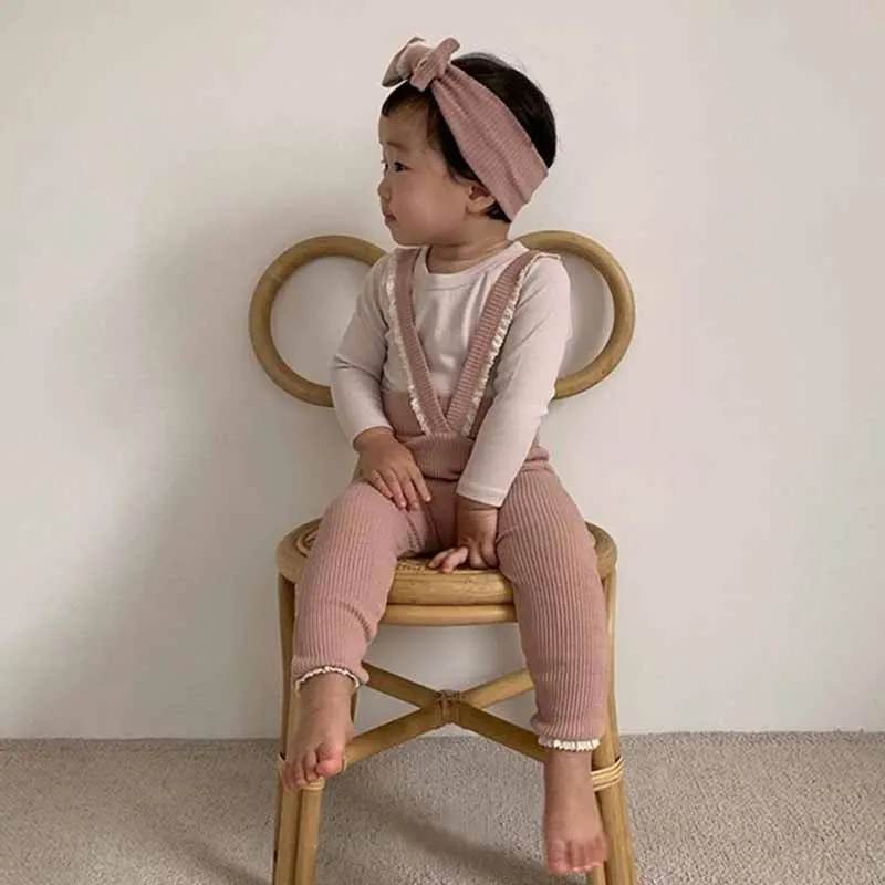 Kids Baby Boys Girls Casual Solid Color RIB-KIT Bow Sleeveless High Waist Long Cotton Knitted Suspender Romper