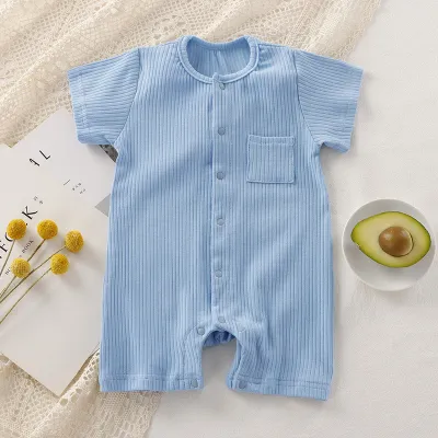 Kids Baby Boys Girls Casual Cute Rib-Knit Solid Color Short Sleeve Round Neck Romper