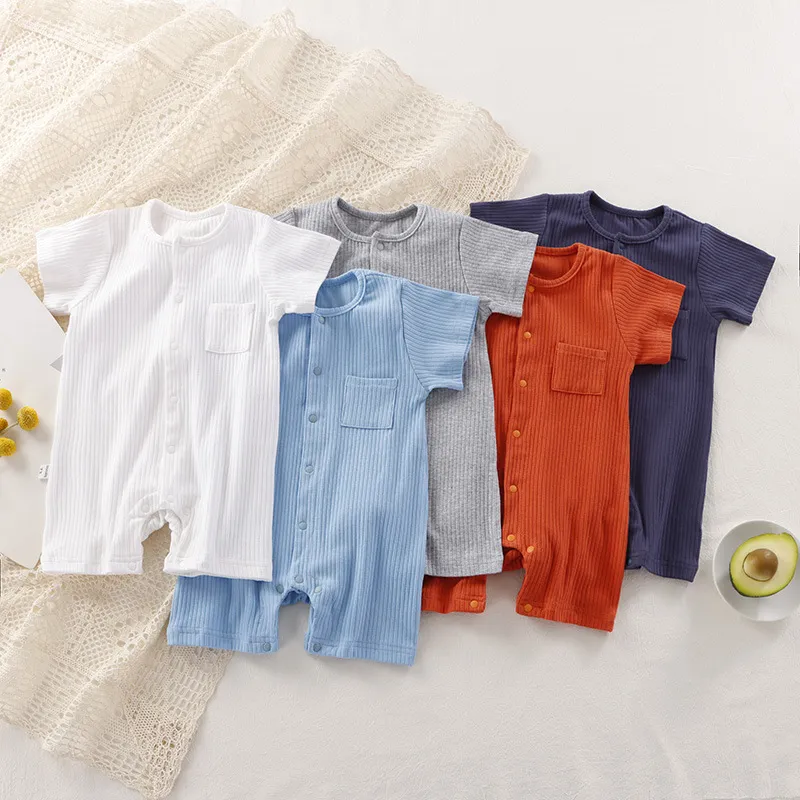 Kids Baby Boys Girls Casual Cute Rib-Knit Solid Color Short Sleeve Round Neck Romper