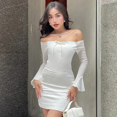 Women Nightclub Fashion Sexy Solid Color Off Shoulder Long Sleeve Bow Decorative Mini Dress