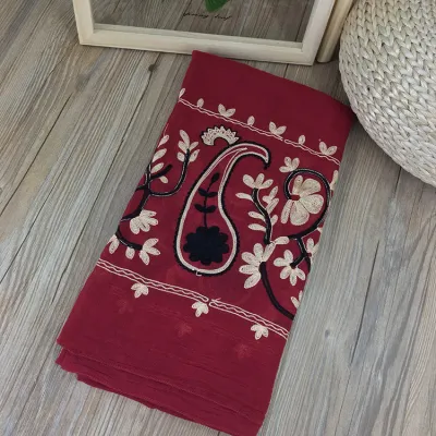 Women Simple Ethnic Style Cashew Flower Embroidered Cotton And Linen Scarf