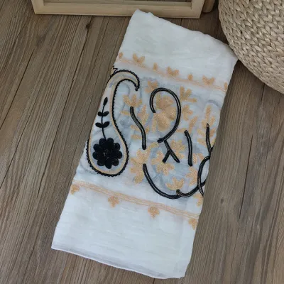 Women Simple Ethnic Style Cashew Flower Embroidered Cotton And Linen Scarf