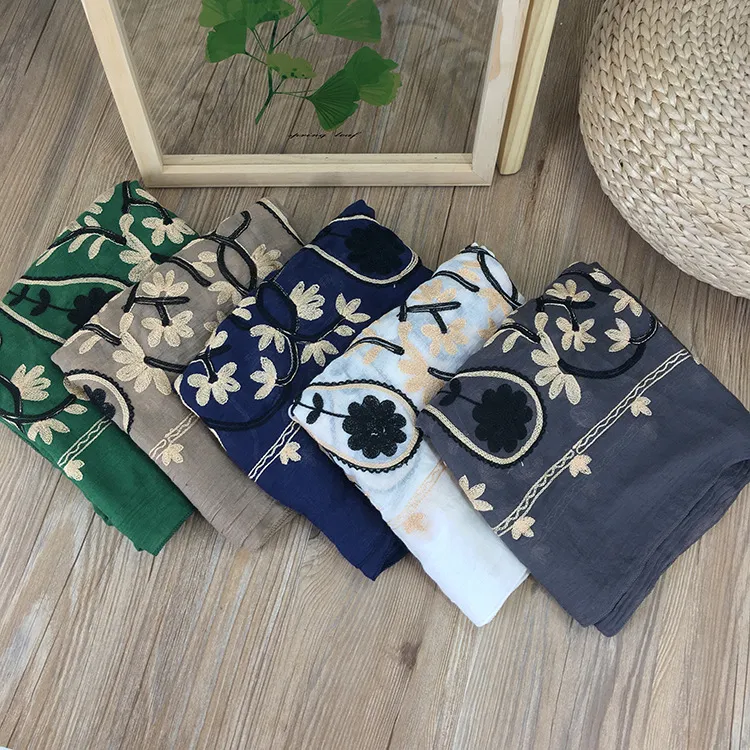 Women Simple Ethnic Style Cashew Flower Embroidered Cotton And Linen Scarf