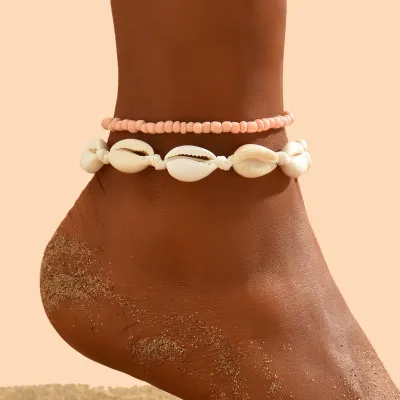 Women Simple Vacation Beach Bohemian Style Shell Woven Handmade String Rice Bead Foot Chain Set