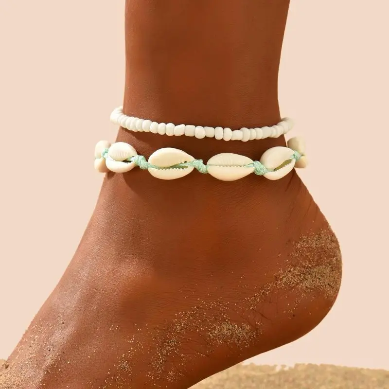 Women Simple Vacation Beach Bohemian Style Shell Woven Handmade String Rice Bead Foot Chain Set