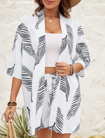 Summer Women Casual Leaf Printed Short-Sleeved Cardigan Top Shorts Two-Piece Set