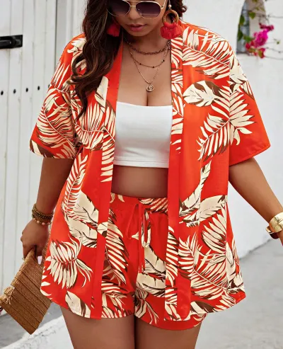 Summer Women Casual Leaf Printed Short-Sleeved Cardigan Top Shorts Two-Piece Set