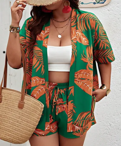 Summer Women Casual Leaf Printed Short-Sleeved Cardigan Top Shorts Two-Piece Set