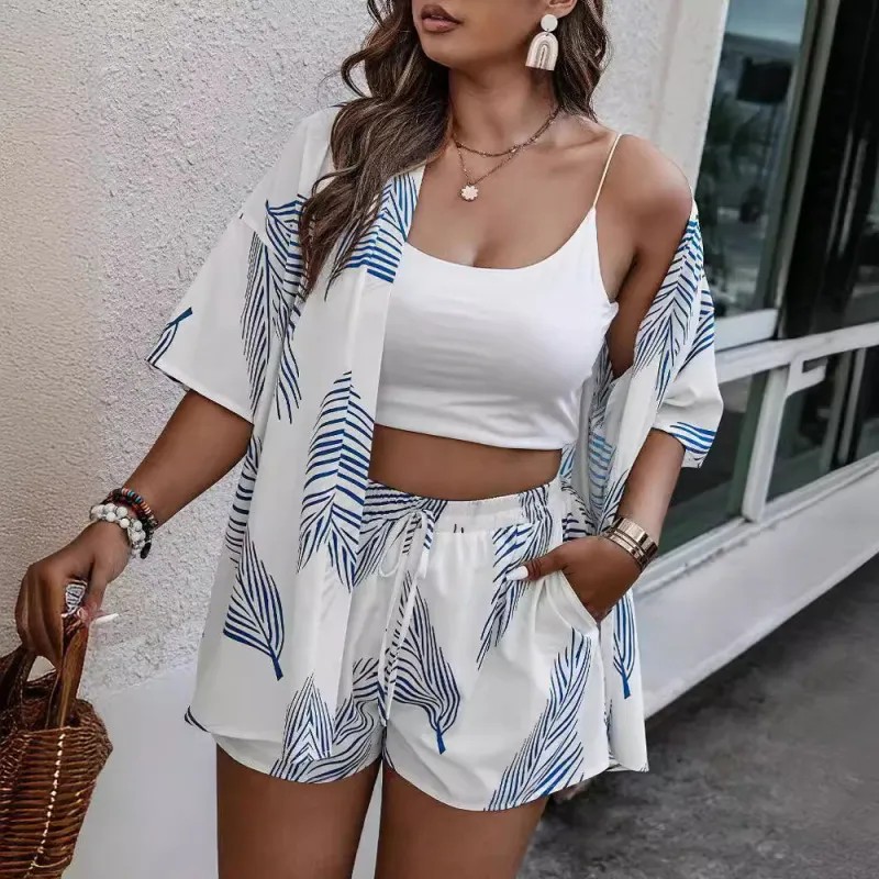 Summer Women Casual Leaf Printed Short-Sleeved Cardigan Top Shorts Two-Piece Set