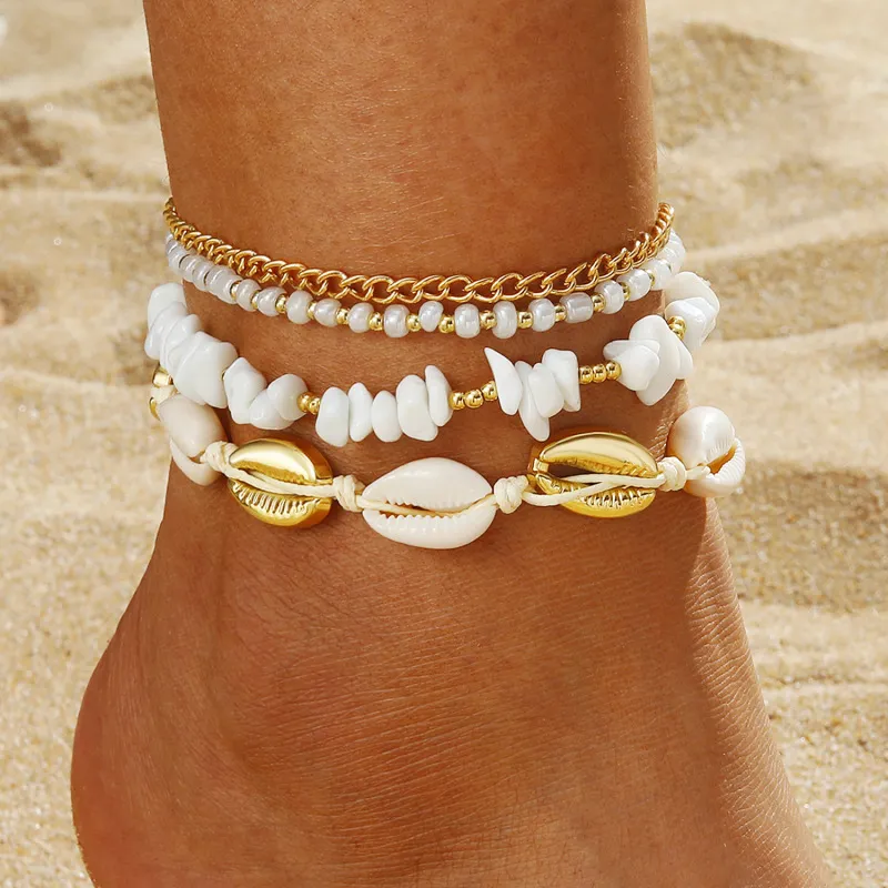 Women Fashion Simple Bohemian Shell Bead Woven Anklets 4-Piece Set