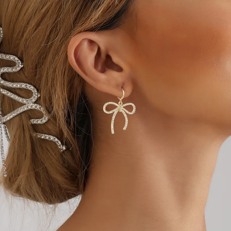Fashion Rhinestone Bow Geometric Earrings