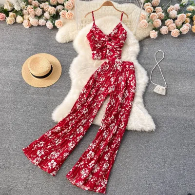 Summer Women Vacation Beach Floral Printed V-Neck Strap Top Wide Leg Pants Two-Piece Set
