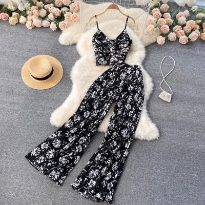 Summer Women Vacation Beach Floral Printed V-Neck Strap Top Wide Leg Pants Two-Piece Set