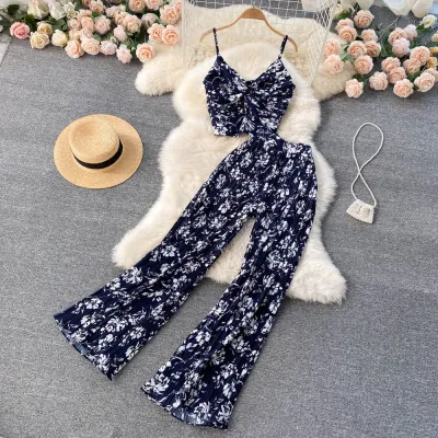 Summer Women Vacation Beach Floral Printed V-Neck Strap Top Wide Leg Pants Two-Piece Set