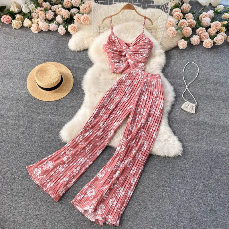 Summer Women Vacation Beach Floral Printed V-Neck Strap Top Wide Leg Pants Two-Piece Set