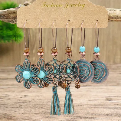 Women Retro Ethnic Heart-Shaped Leaf Pendant Earring Set
