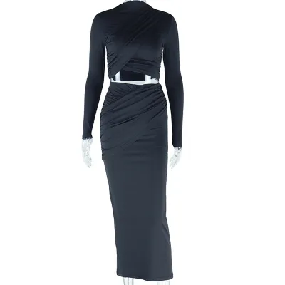 Women Fashion Solid Color Round Neck Irregular Long Sleeve Crop Top Skirt Two-Piece Set