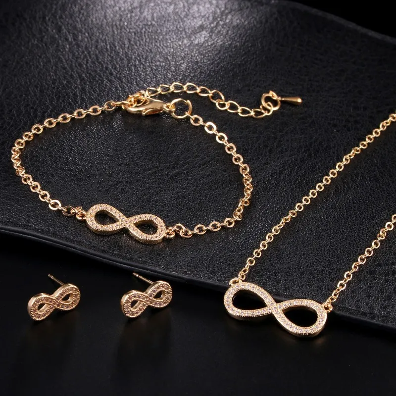 Women Fashion Rhinestone 8-Shaped Necklace Earrings Bracelet Three Piece Set