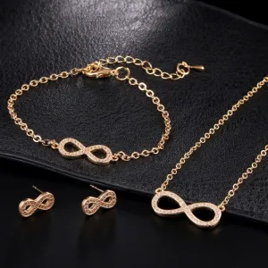 Women Fashion Rhinestone 8-Shaped Necklace Earrings Bracelet Three Piece Set