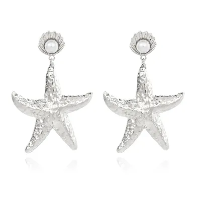 Fashion Exaggerated Summer Vacation Women Gold Alloy Starfish Pearl Drop Earrings