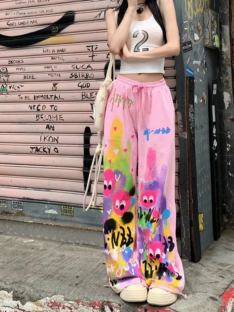 Wholesale Pink Wide Leg Summer Loose High Waist Graffiti Casual Pants