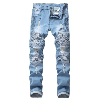 Men Fashion Casual Street Creased Plus Size Ripped Denim Jeans