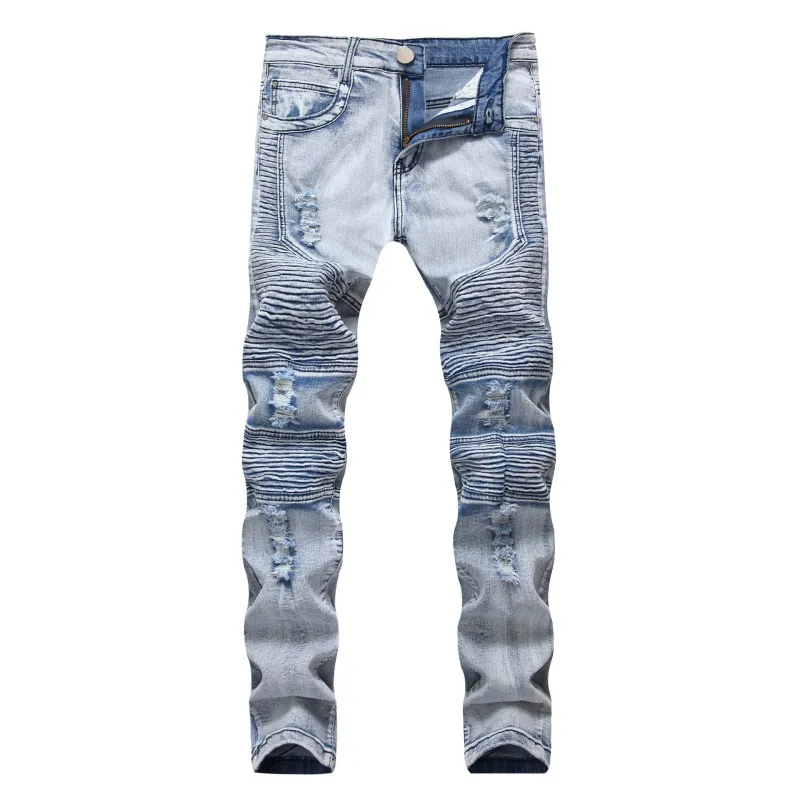 Men Fashion Casual Street Creased Plus Size Ripped Denim Jeans